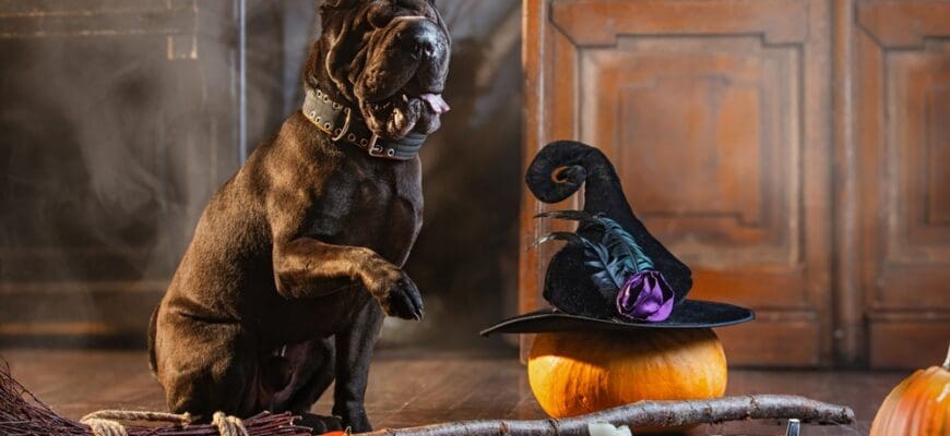 Huge,Black,Shar,Pei,Dog,Sits,Next,To,A,Broom
